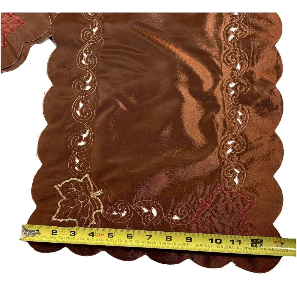 Vtg Bronze Cutwork Fall Leaf Placemats & Napkins w Scalloped Edges Silky Elegant